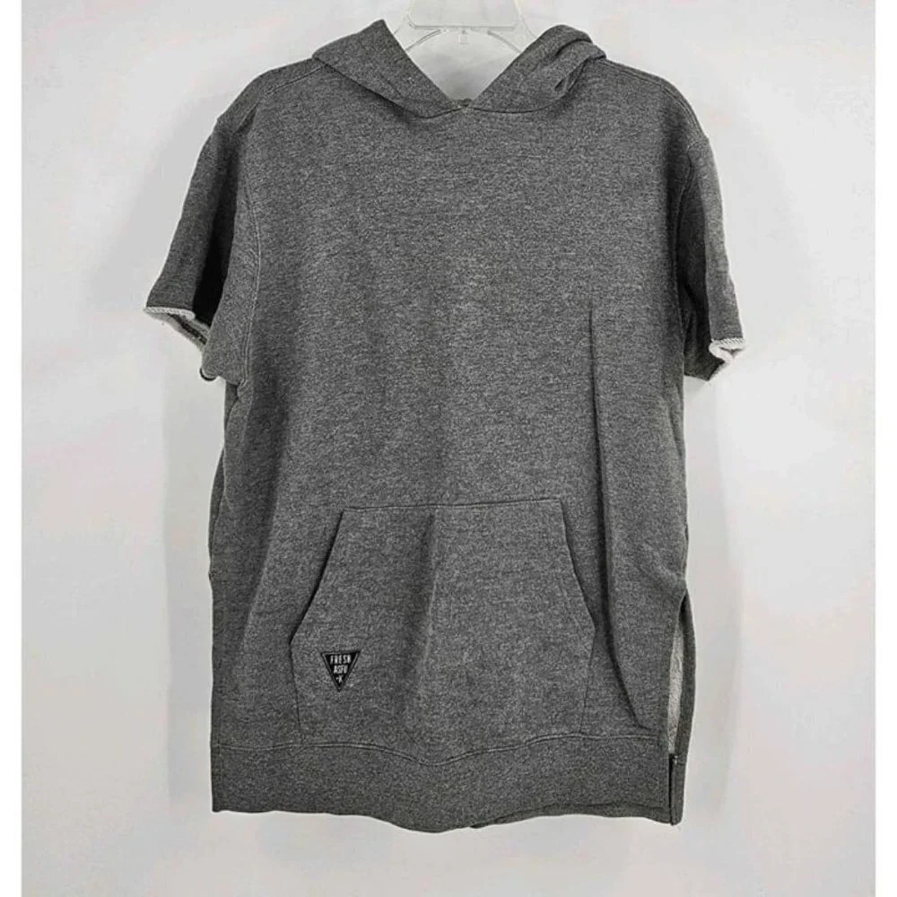 Fresh Goods Gray Hooded Short Sleeve Pullover Sweatshirt Side Splits Sz L